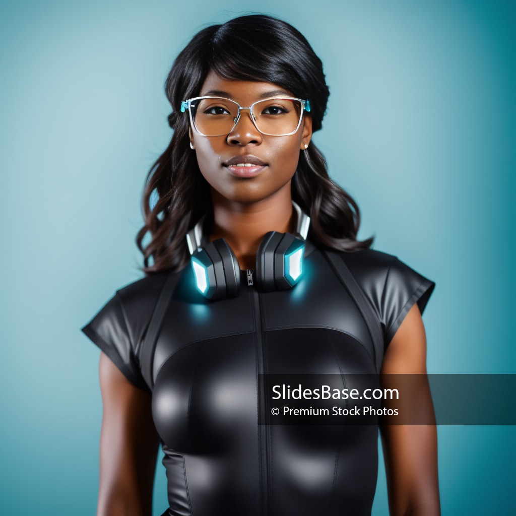 Cute Black Geek Gamer Girl in Leather Suit