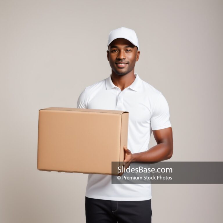 Smiling Black Deliveryman Holding Box