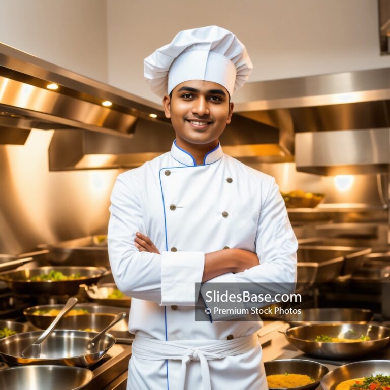 Happy Indian Chef Posing In Kitchen