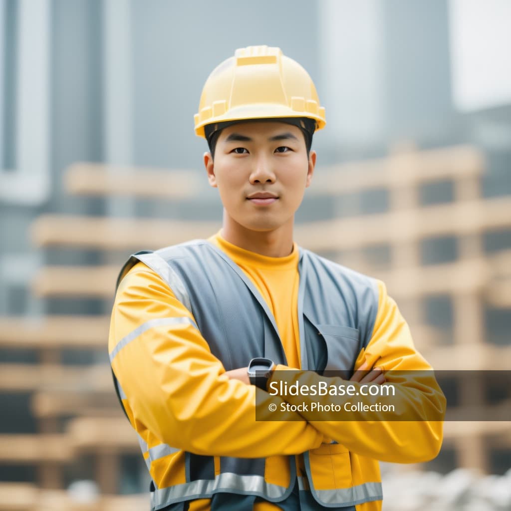 Asian Construction Worker on City Background